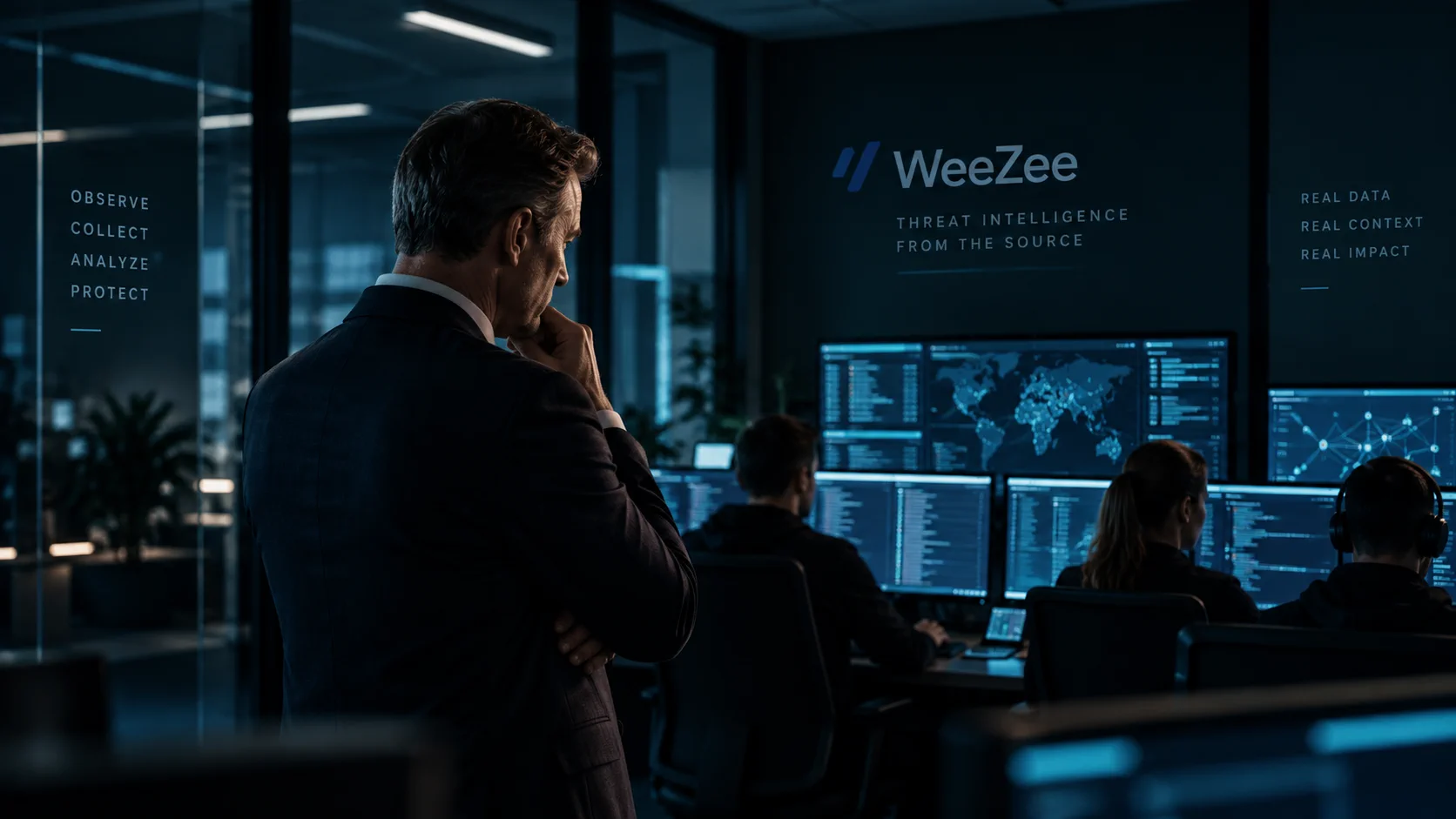Security professionals and a decision-maker reviewing cyber threat intelligence together
